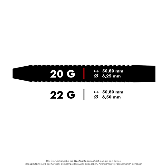 Das Bild zeigt die technischen Daten von zwei Darts mit einem Gewicht von 20 g und 22 g. Die Länge beträgt jeweils 50,80 mm, der Durchmesser 6,25 mm (20 g) bzw. 6,50 mm (22 g).