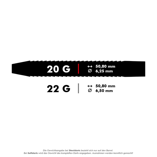 Red Dragon Razor Edge Zwarte Steeldarts Das Bild zeigt die technischen Daten von zwei Darts mit einem Gewicht von 20 g und 22 g. Die Länge beträgt jeweils 50,80 mm, der Durchmesser 6,25 mm (20 g) bzw. 6,50 mm (22 g).