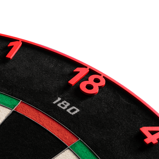Precise 180 Endorphine stalen dartbord met nummerring - Inferno Rood Dieses Bild zeigt das Precise 180 Endorphine Steeldartboard mit Nummernring in Inferno Red. Das Dartboard eignet sich ideal für anspruchsvolle Dartspieler.