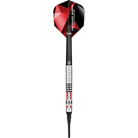 Shot Michael Smith bereikt zachte darts Auf dem Bild ist ein Softdartpfeil mit silbernen und schwarzen Elementen zu sehen. Das Flights ist rot-schwarz und trägt die Aufschrift "Michael Smith World Champion".