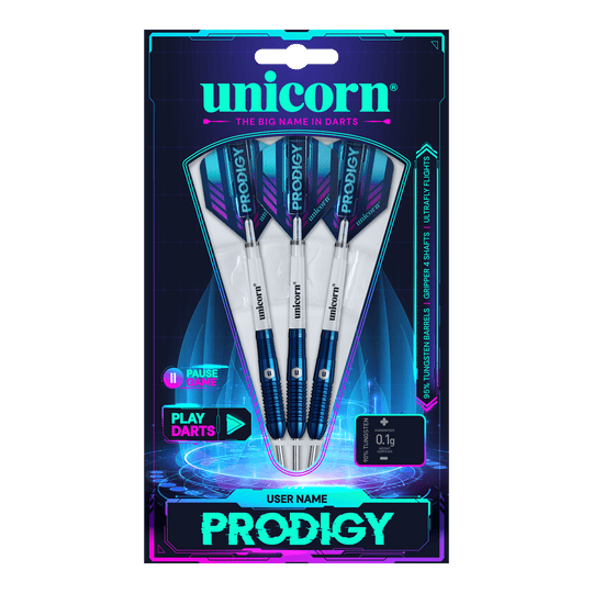 Das Bild zeigt eine Packung mit drei Unicorn Prodigy 02 Torpedo Steeldarts. Die Verpackung ist farbenfroh gestaltet und hebt das Produkt und den Markennamen hervor.