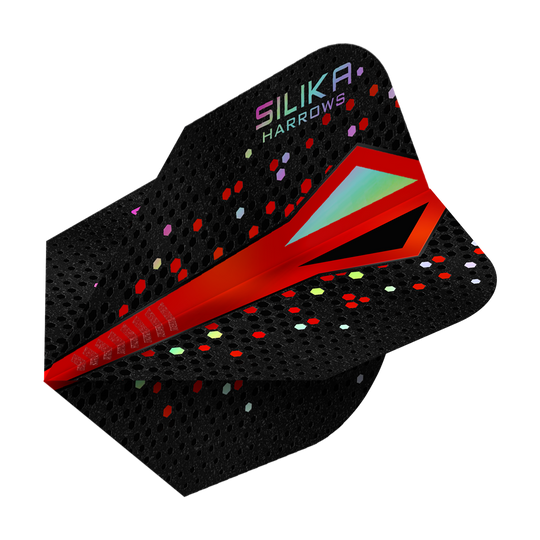 Das Bild zeigt einen Harrows Silika Colourshift Tough Crystalline Coating Red No6 Flight. Das Design ist hauptsächlich schwarz mit roten und bunten sechseckigen Punkten und auffälligen roten Akzenten.