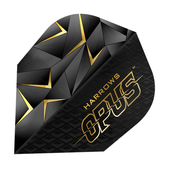 Harrow's Opus Versie 3 Vluchten Das Bild zeigt ein Harrows Opus Version 3 Flight für Dartpfeile. Das Flight ist schwarz mit goldenen geometrischen Mustern und dem Schriftzug "Harrows Opus".