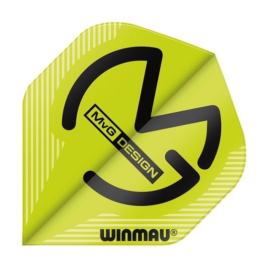 Das Bild zeigt ein grünes Dartflight mit dem Schriftzug "MvG DESIGN" und dem Winmau-Logo. Das Flight hat ein modernes, auffälliges Design mit schwarzen Linien auf gelbem Hintergrund.