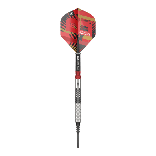 Target Stephen Bunting GEN5 Soft Darts - 18g Auf dem Bild ist ein Softdart der Marke Target Stephen Bunting GEN5 mit einem Gewicht von 18 Gramm zu sehen. Der Dart hat ein auffälliges, rot-schwarzes Design mit der Aufschrift "BULLET" auf dem Flight.