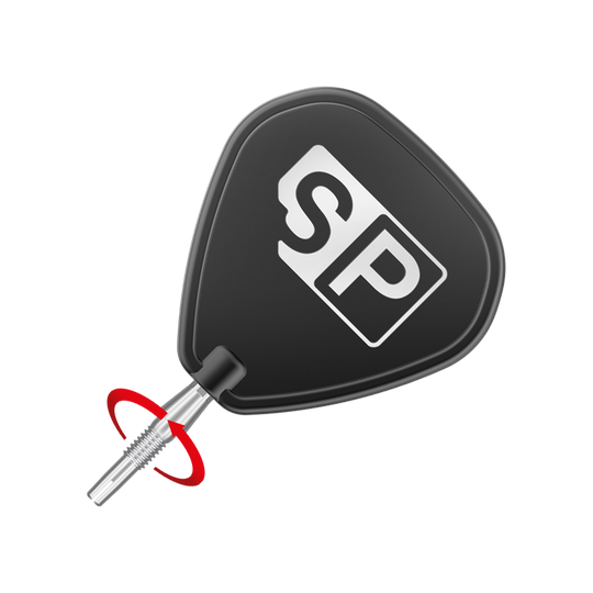 Target Swiss Storm Diamond Point Dartpunten - Zilver Das Bild zeigt eine Dartspitze mit schwarzem SP-Werkzeug zum Einschrauben. Um die Spitze ist ein roter Pfeil zu sehen, der die Drehbewegung anzeigt.