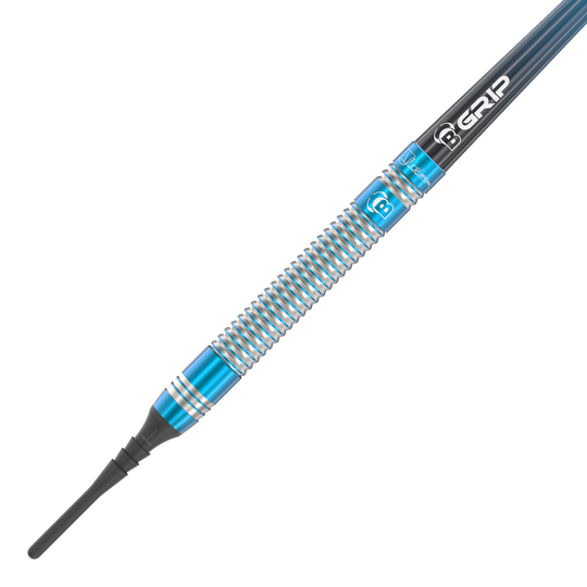 Bulls Jermaine Wattimena Generatie 3 Zachte Darts - 20g Das Bild zeigt einen Softdart mit silbernen und blauen Rillen. Auf dem Schaft steht „B GRIP“ und der Dart wirkt hochwertig verarbeitet.