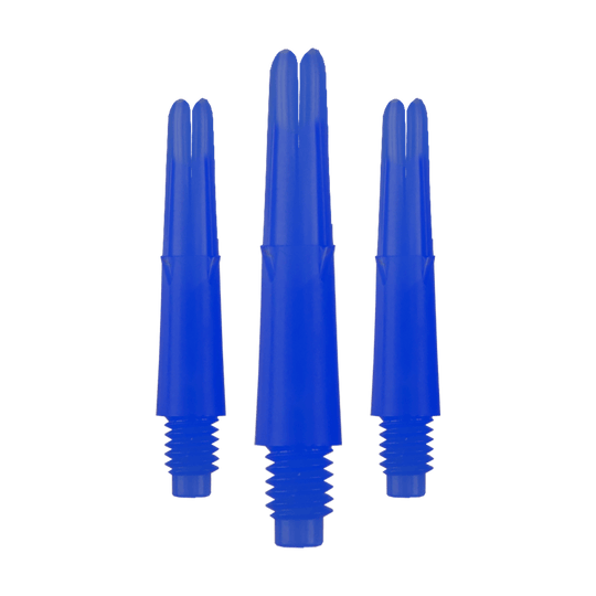 L-L-Style-Shafts Locked Straight - Blauw Auf dem Bild sind drei blaue, gerade Dartschäfte zu sehen. Sie haben ein Gewinde am unteren Ende und sind ohne Kappen abgebildet.