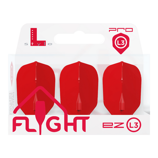 L-L-Style3EZ-vluchten Die Abbildung zeigt eine Packung mit drei roten Dart-Flights der Marke L-Style. Auf der Verpackung steht „FLIGHT ez L3“ und das Produkt ist für den Profibereich gekennzeichnet.