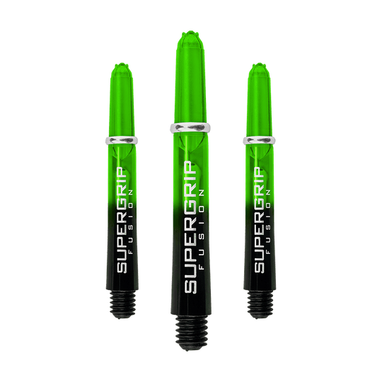 HR339_Harrows_Supergrip_Fusion_Shafts_Gr-n_33mm_1TK8mzDdettKPI Das Bild zeigt drei grüne Harrows Supergrip Fusion Shafts für Dartpfeile. Die Shafts haben ein modernes Design mit schwarzem unteren Teil und grüner transparenter Spitze.