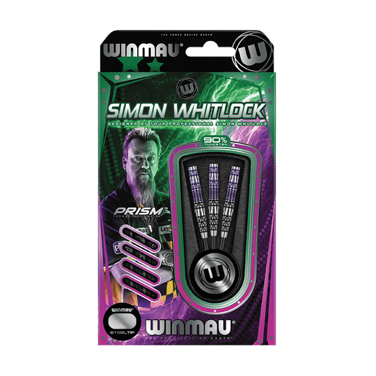 Winmau Simon Whitlock Special Edition 2020 stalen darts Die Abbildung zeigt das Produkt „Winmau Simon Whitlock Special Edition 2020 Steeldarts“ in der Originalverpackung. Auf der Verpackung sind drei Steeldarts und ein Bild von Simon Whitlock zu sehen.