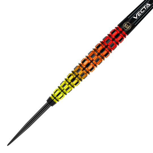 Winmau Firestorm Flame Tapered Steeldarts Das Bild zeigt einen Winmau Firestorm Flame Tapered Steeldart. Der Dart hat ein auffälliges Design mit leuchtenden Farben von Gelb über Orange bis Rot.