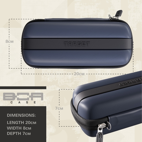 Target BOA Dartcase Dargestellt ist das Target BOA Dartcase in Navy und Dunkelgrau aus einer anderen Perspektive. Es dient zur sicheren Aufbewahrung von Dartzubehör.