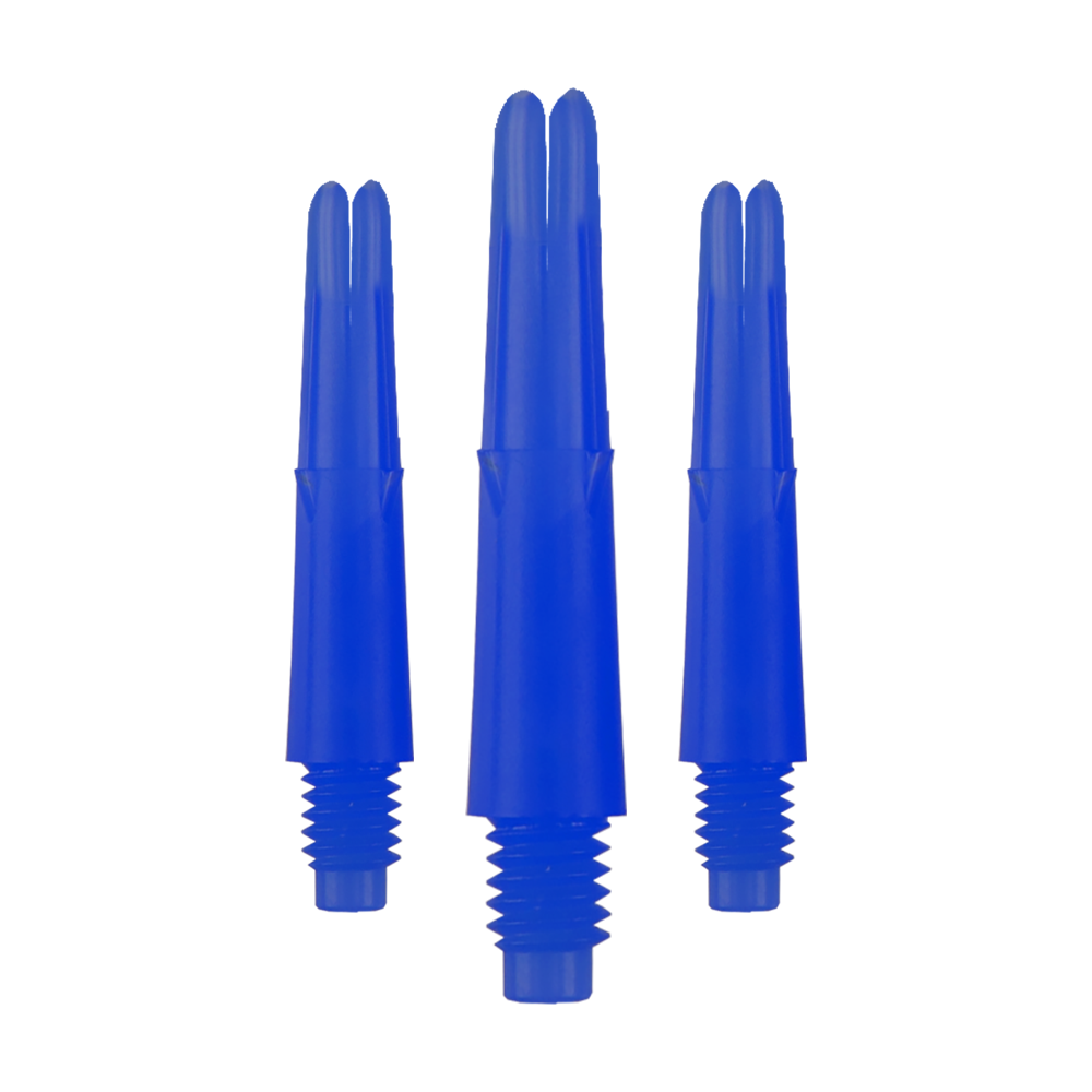 L-L-Style-Shafts Locked Straight - Blauw Auf dem Bild sind drei blaue, gerade Dartschäfte zu sehen. Sie haben ein Gewinde am unteren Ende und sind ohne Kappen abgebildet.