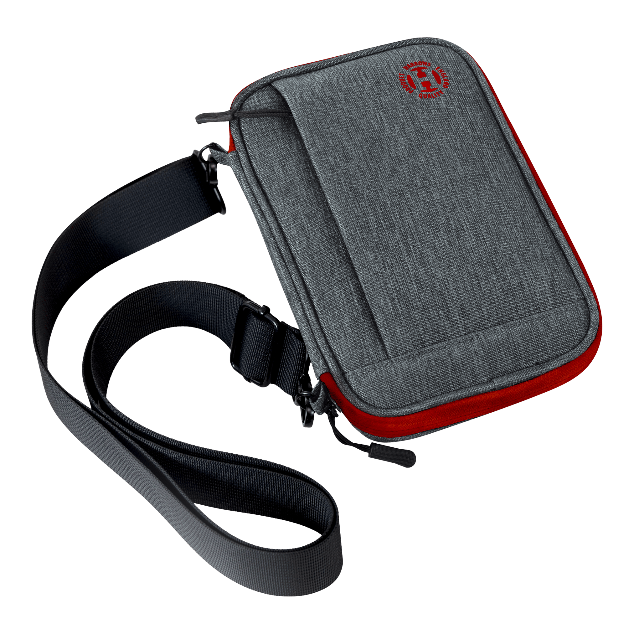 Harrows Smart Case XL dart portemonnee Das Bild zeigt eine graue Darttasche mit roten Akzenten und einem schwarzen Schultergurt. Auf der Vorderseite ist ein rundes rotes Logo sichtbar.