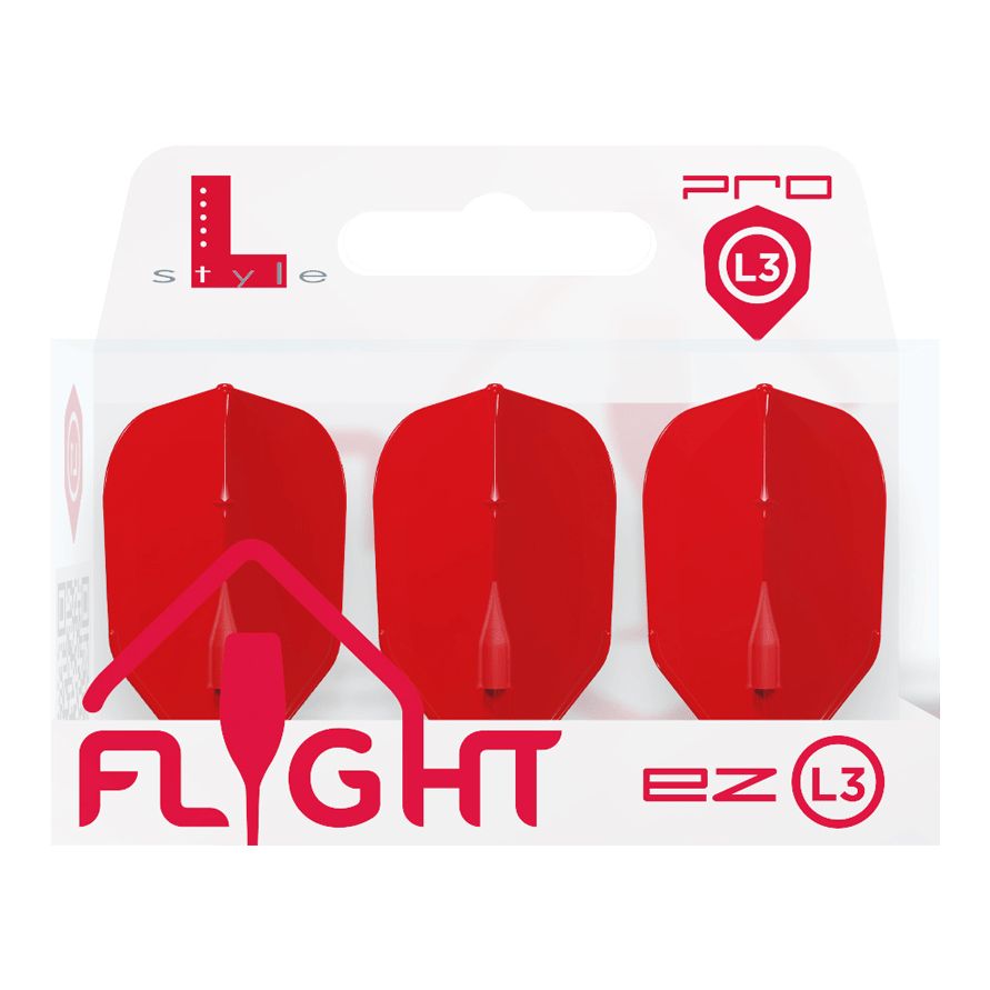 L-L-Style3EZ-vluchten Die Abbildung zeigt eine Packung mit drei roten Dart-Flights der Marke L-Style. Auf der Verpackung steht „FLIGHT ez L3“ und das Produkt ist für den Profibereich gekennzeichnet.