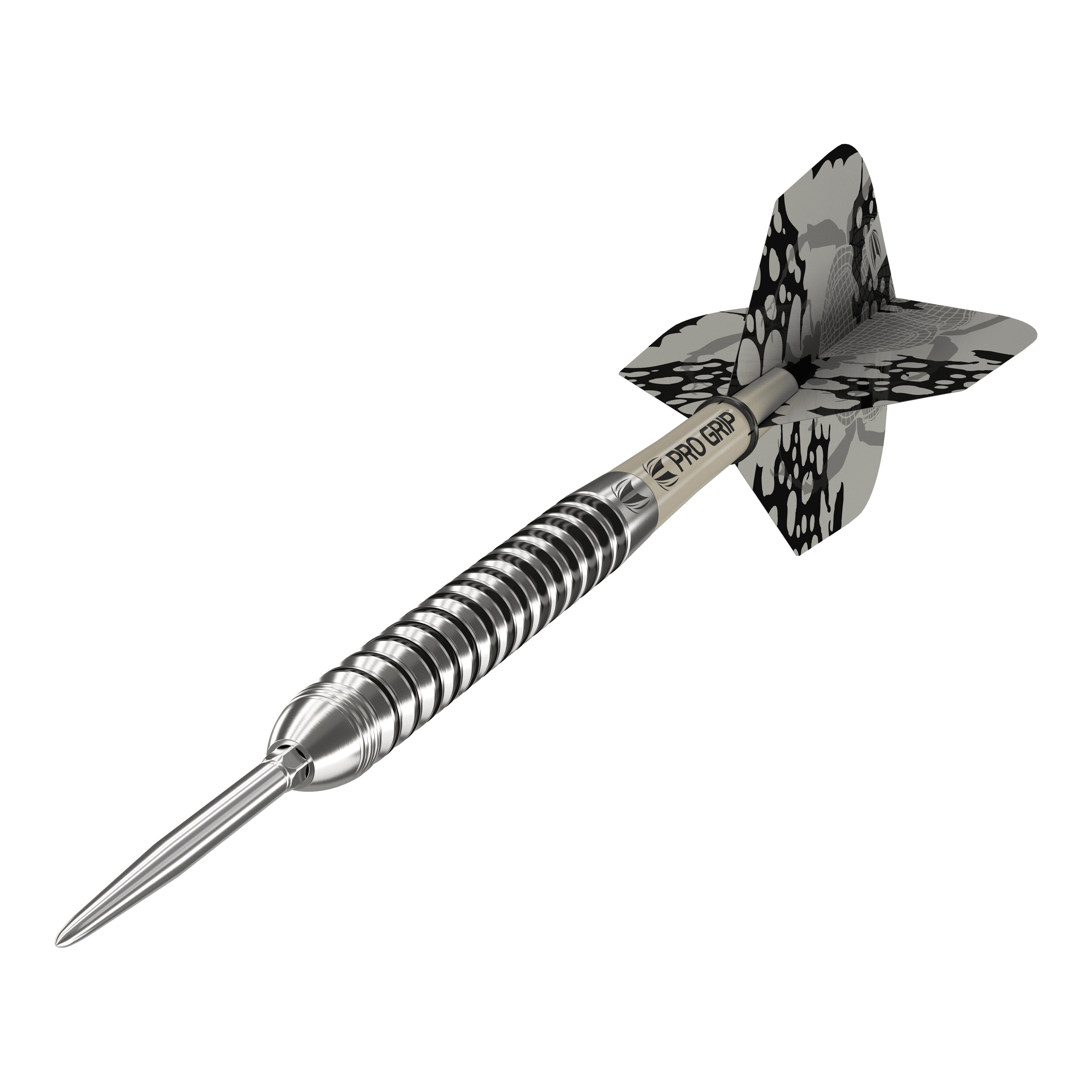 Target EXO SP01 Swiss Point stalen dartpijlen Dies ist ein Target EXO SP01 Swiss Point Steeldart. Der Dartpfeil hat ein silbernes, gerilltes Barrel und schwarze Flights mit Muster.