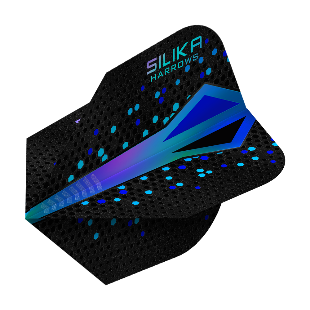 Harrows Silika Colourshift Tough Crystalline Coating Blauw No6 Vluchten Das Bild zeigt ein Dartflight mit dem Namen "Harrows Silika Colourshift Tough Crystalline Coating Blue No6". Das Flight ist überwiegend schwarz mit einem blauen, schimmernden Muster und sechseckigen Akzenten.