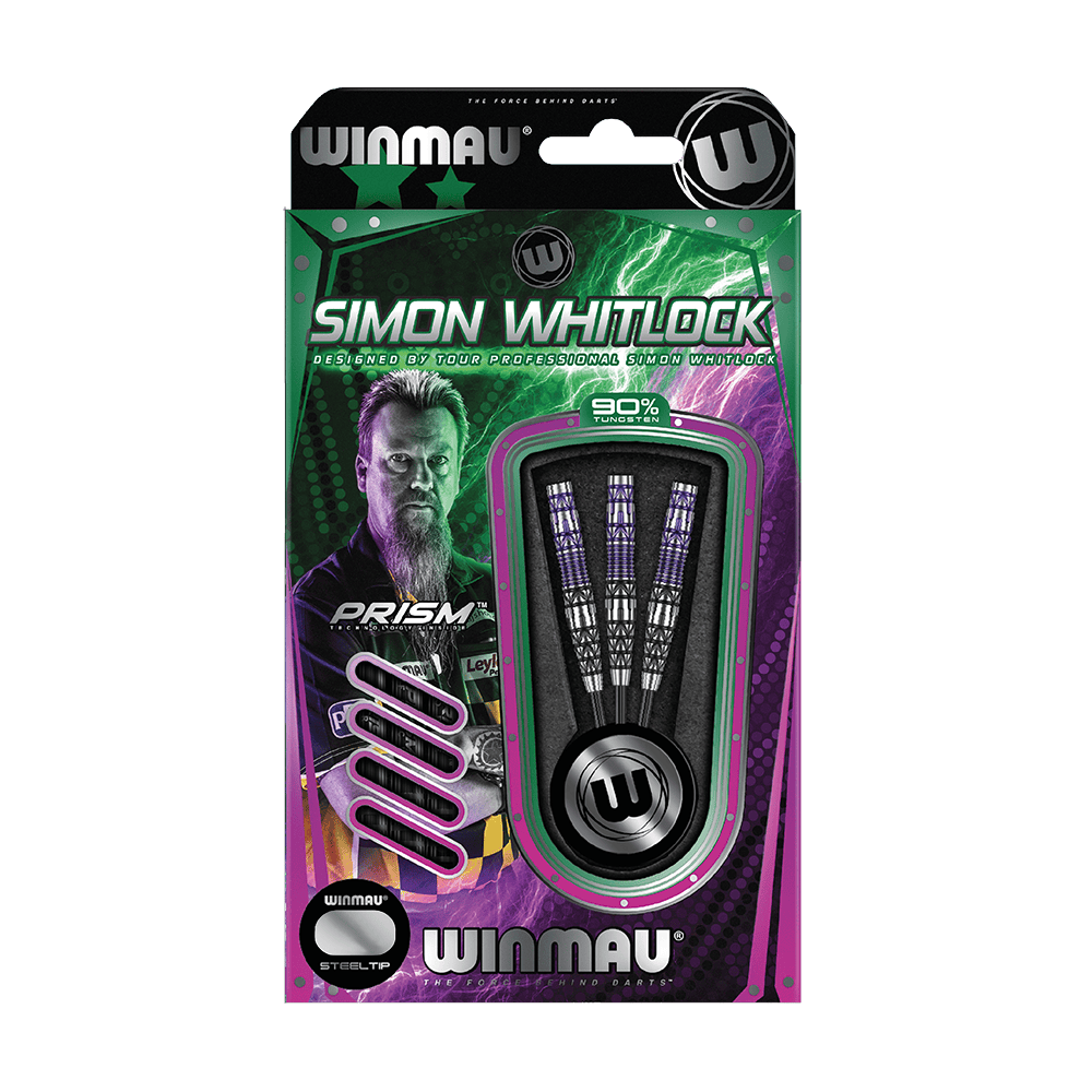 Winmau Simon Whitlock Special Edition 2020 stalen darts Die Abbildung zeigt das Produkt „Winmau Simon Whitlock Special Edition 2020 Steeldarts“ in der Originalverpackung. Auf der Verpackung sind drei Steeldarts und ein Bild von Simon Whitlock zu sehen.