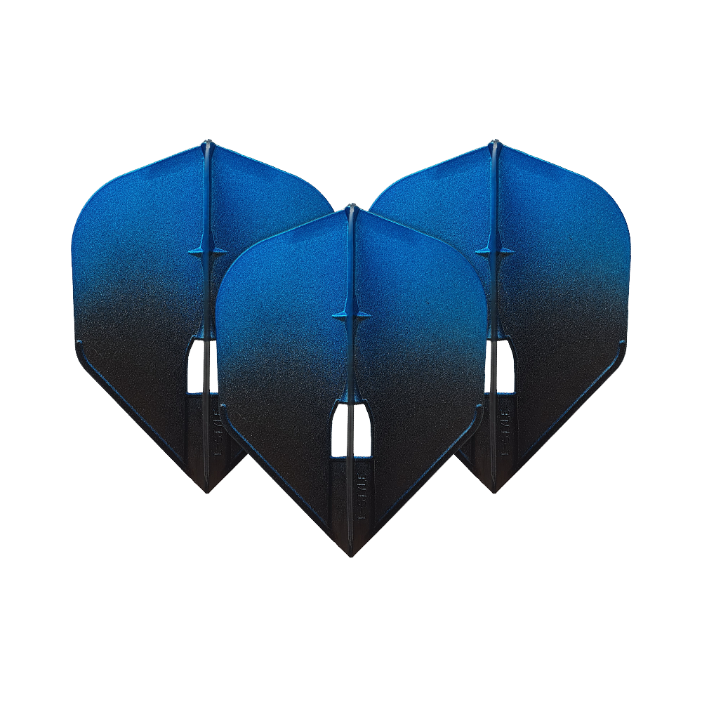 L-Style Two Tone L3PRO-vluchten Auf dem Bild sind drei blaue Dartflights zu sehen. Sie haben ein zweifarbiges Design mit einem Verlauf von Blau zu Schwarz.