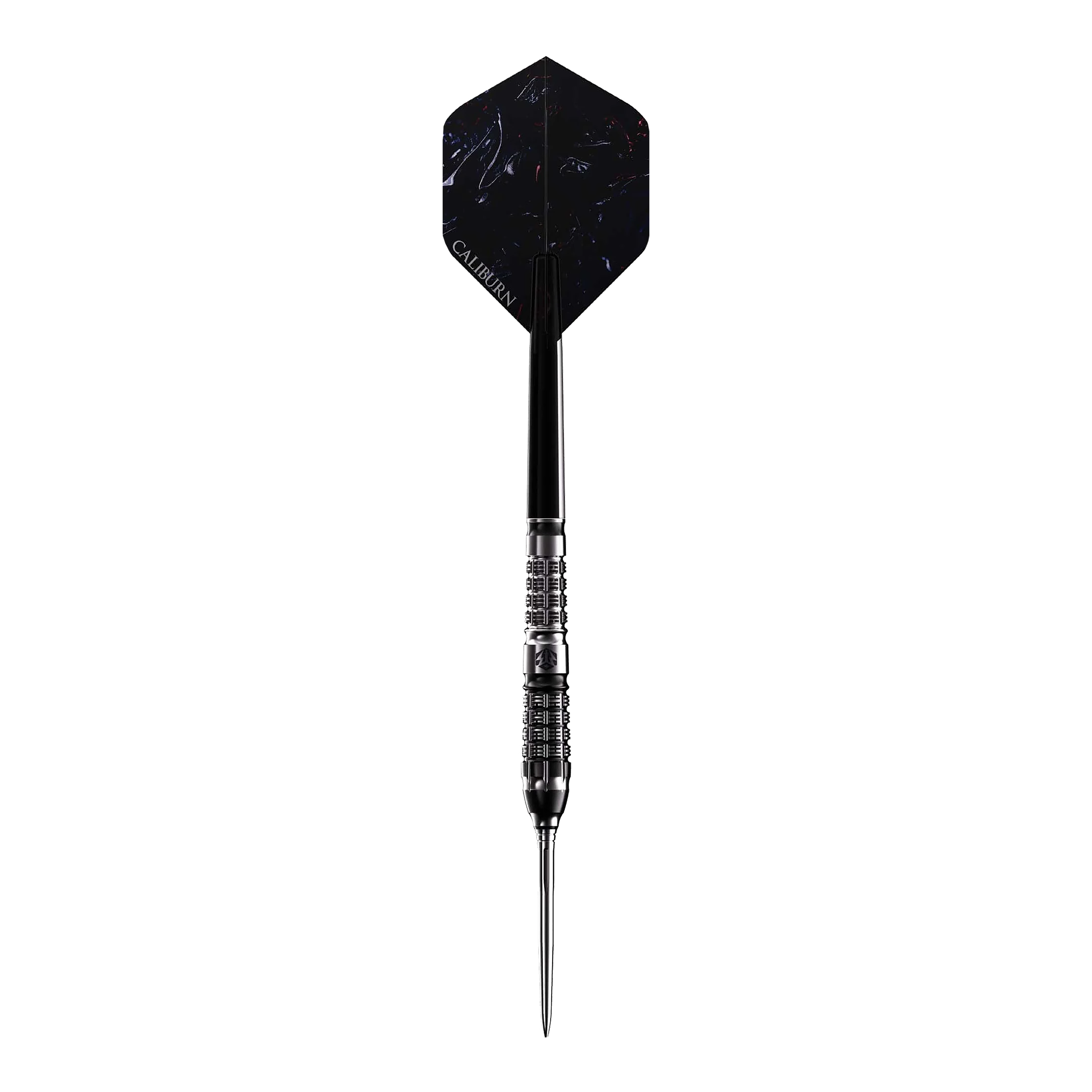 Caliburn Sword S5 Steeldarts - 23,5g Auf dem Bild ist ein Caliburn Sword S5 Steeldart mit einem Gewicht von 23,5g zu sehen. Der Dart hat ein schwarzes Design mit einer feinen Metallspitze und strukturierter Griffzone.