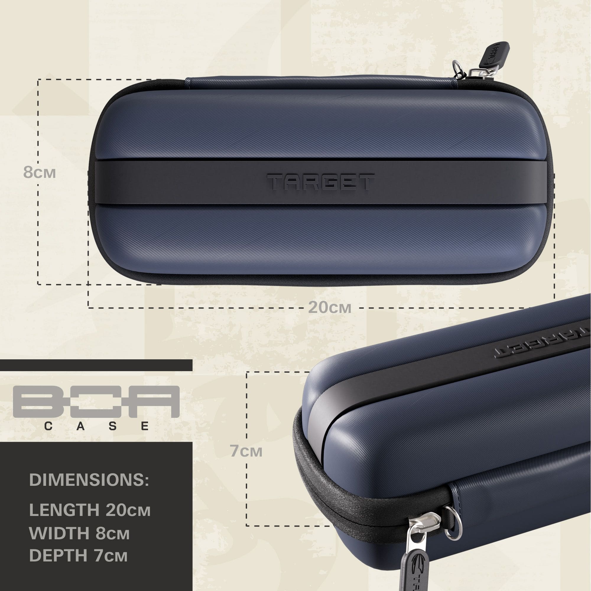 Target BOA Dartcase Dargestellt ist das Target BOA Dartcase in Navy und Dunkelgrau aus einer anderen Perspektive. Es dient zur sicheren Aufbewahrung von Dartzubehör.